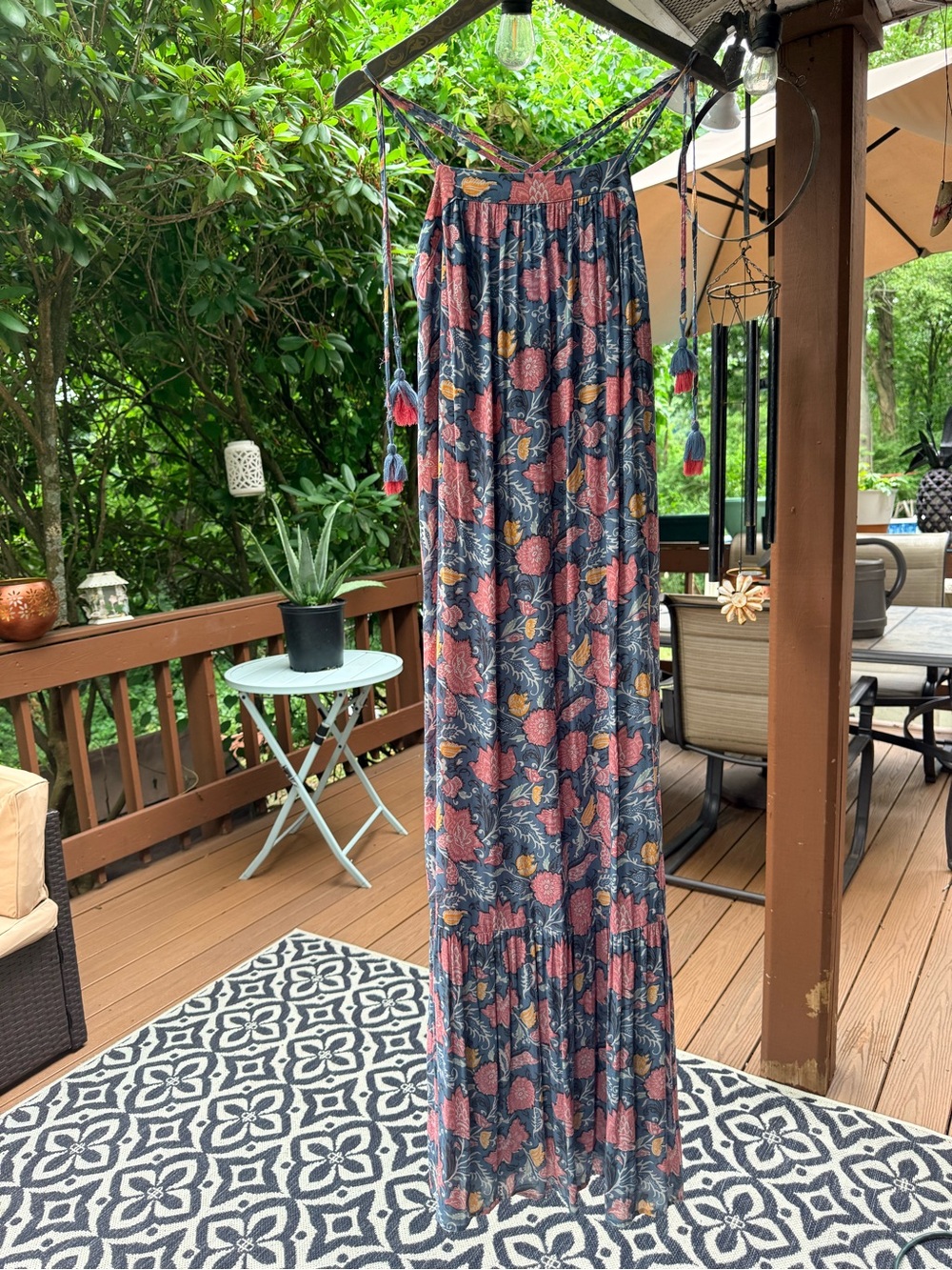 LOFT Navy Floral Maxi dress with Pink and Mustard Accents